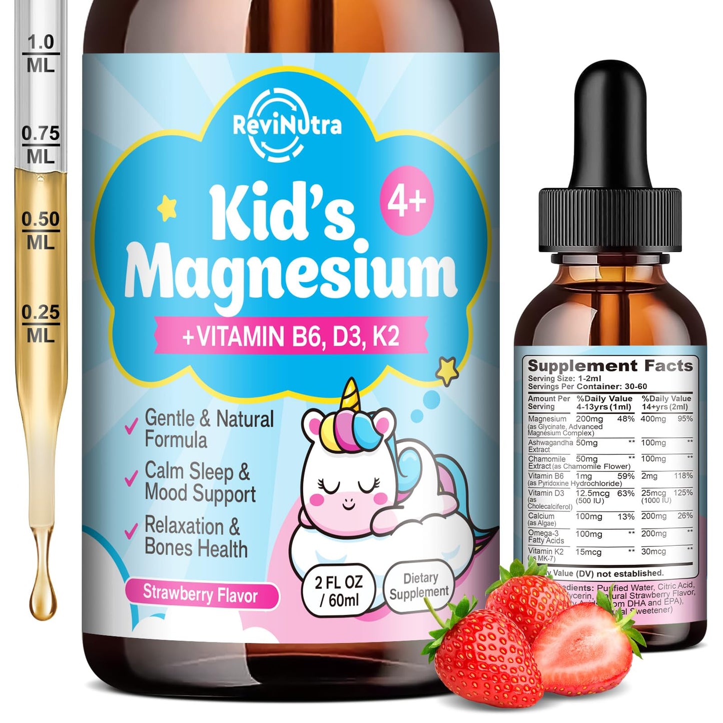 Kids Magnesium Glycinate Drops with Omega-3 & Vitamins - Sleep, Calm, Focus (Strawberry)