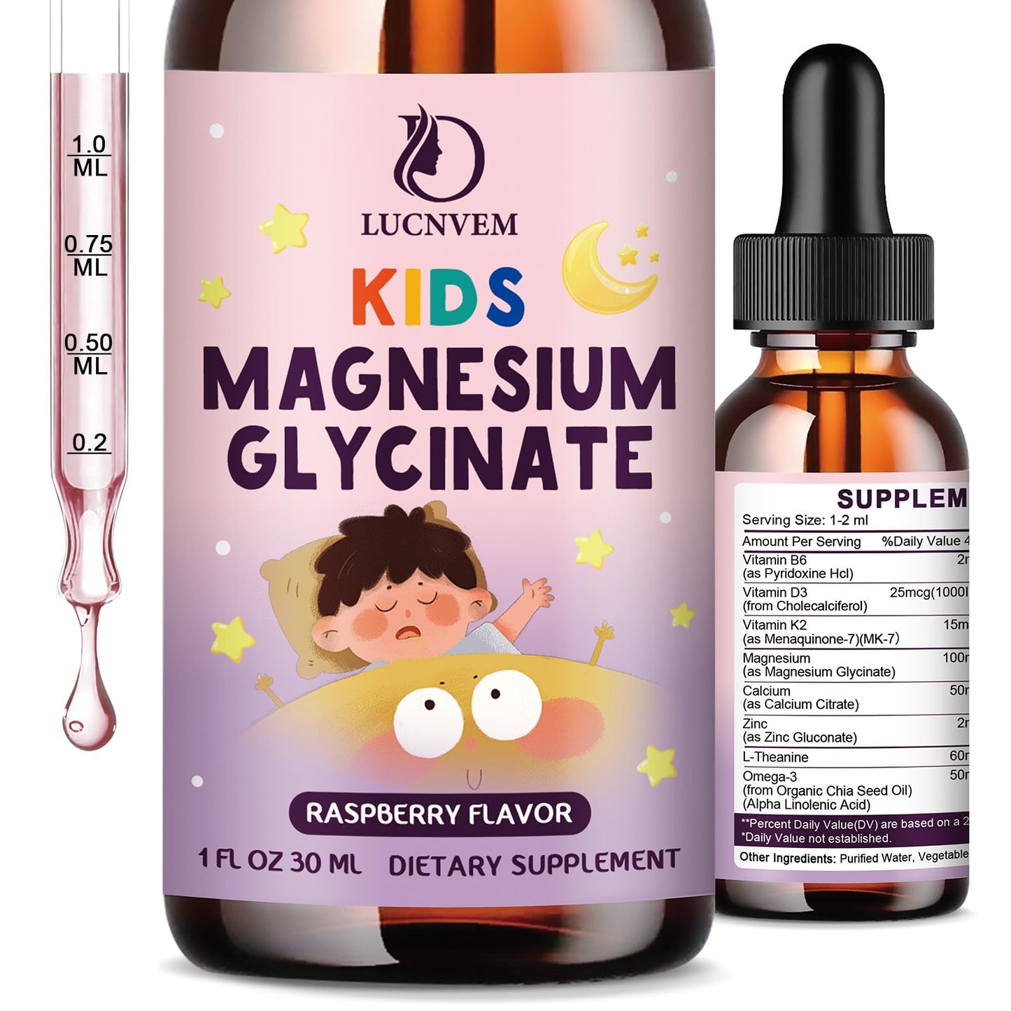 Kids Magnesium Glycinate Sleep Drops with L-Theanine – Melatonin-Free, Raspberry Flavor (30ml)