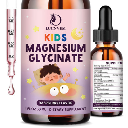 Kids Magnesium Glycinate Sleep Drops with L-Theanine – Melatonin-Free, Raspberry Flavor (30ml)