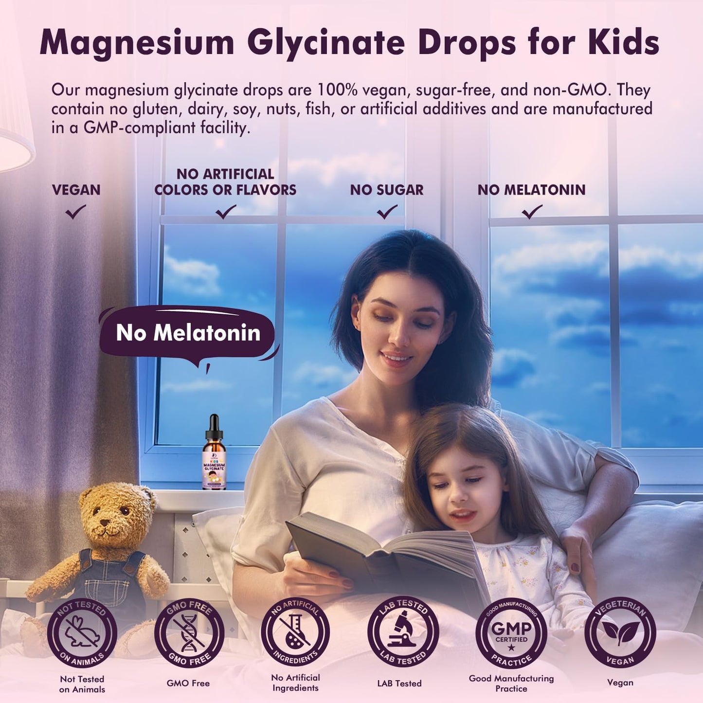 Kids Magnesium Glycinate Sleep Drops with L-Theanine – Melatonin-Free, Raspberry Flavor (30ml)