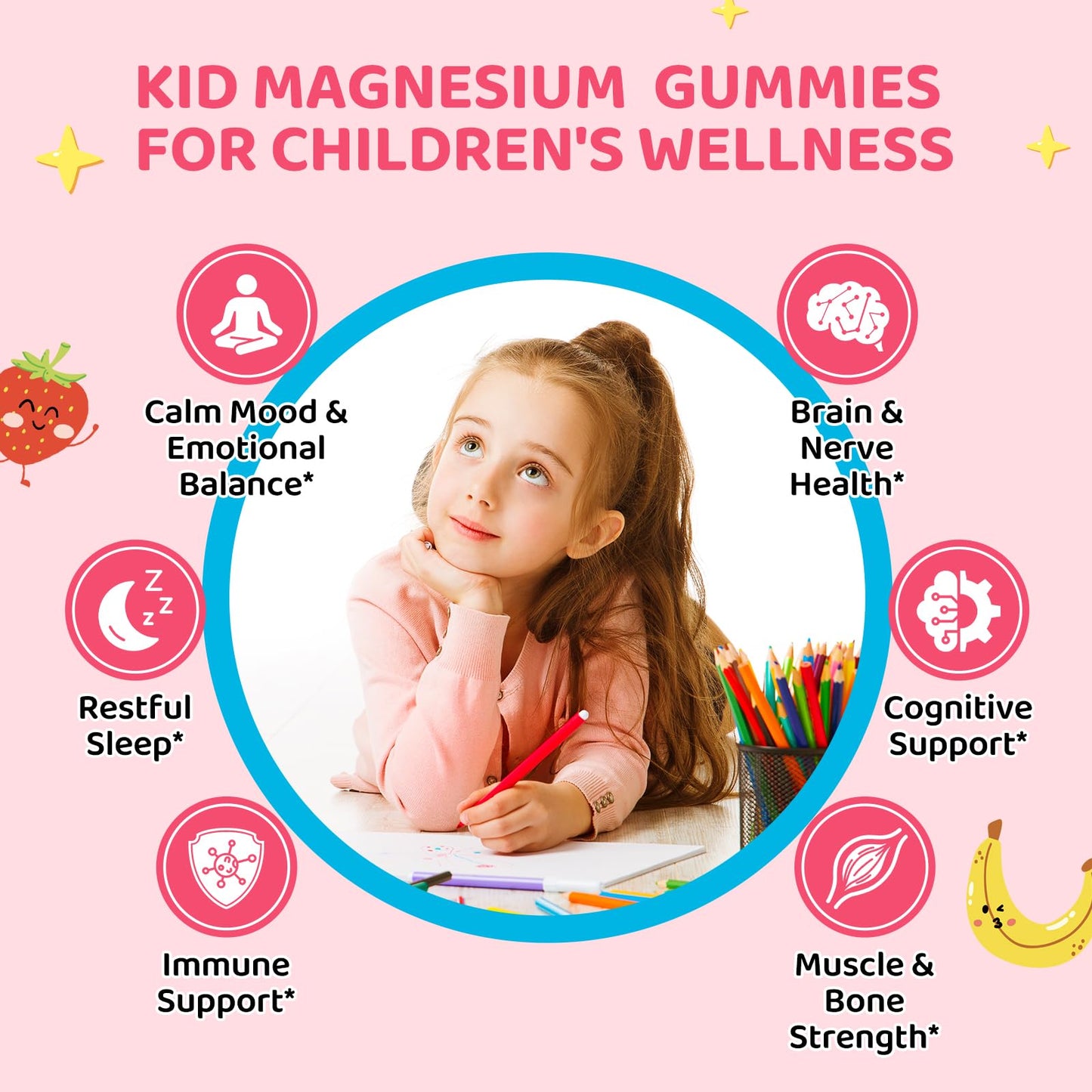 Kids Magnesium Gummies with L-Theanine & Multivitamins – Sleep, Calm & Focus (Strawberry Banana)
