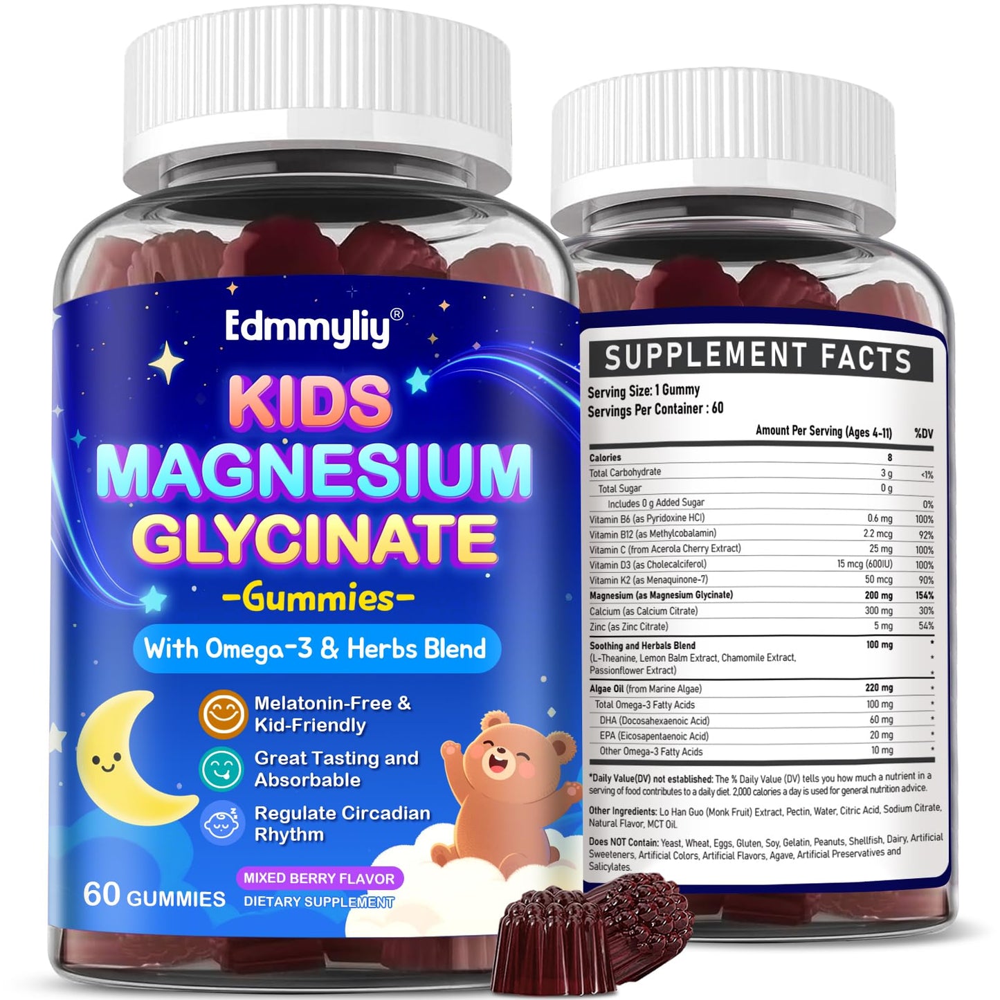 Kids Magnesium Glycinate Gummies 200mg – Sugar Free, Non-GMO, Vegan, with Omega-3 & L-Theanine