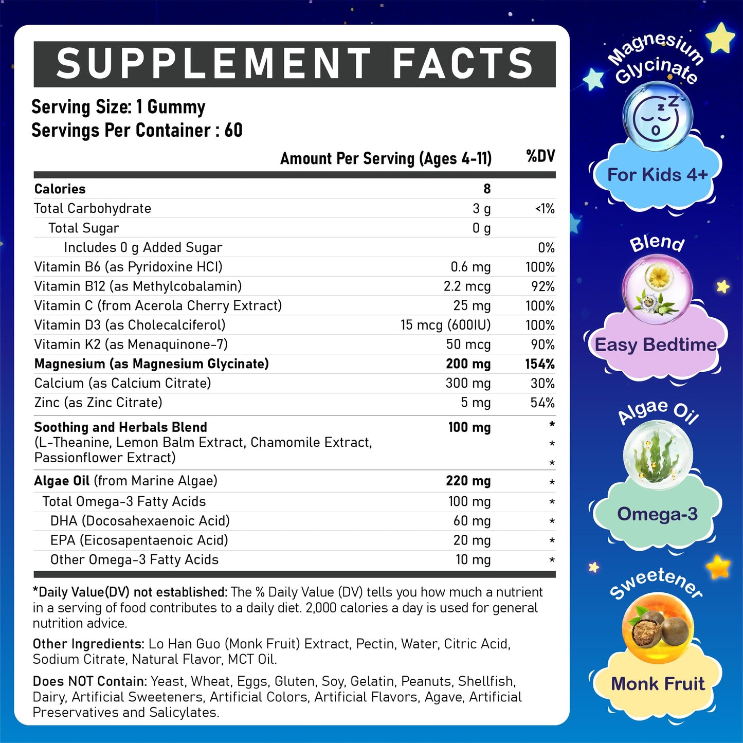 Kids Magnesium Glycinate Gummies 200mg – Sugar Free, Non-GMO, Vegan, with Omega-3 & L-Theanine