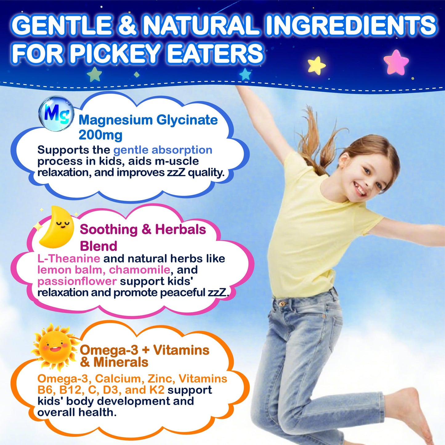 Kids Magnesium Glycinate Gummies 200mg – Sugar Free, Non-GMO, Vegan, with Omega-3 & L-Theanine