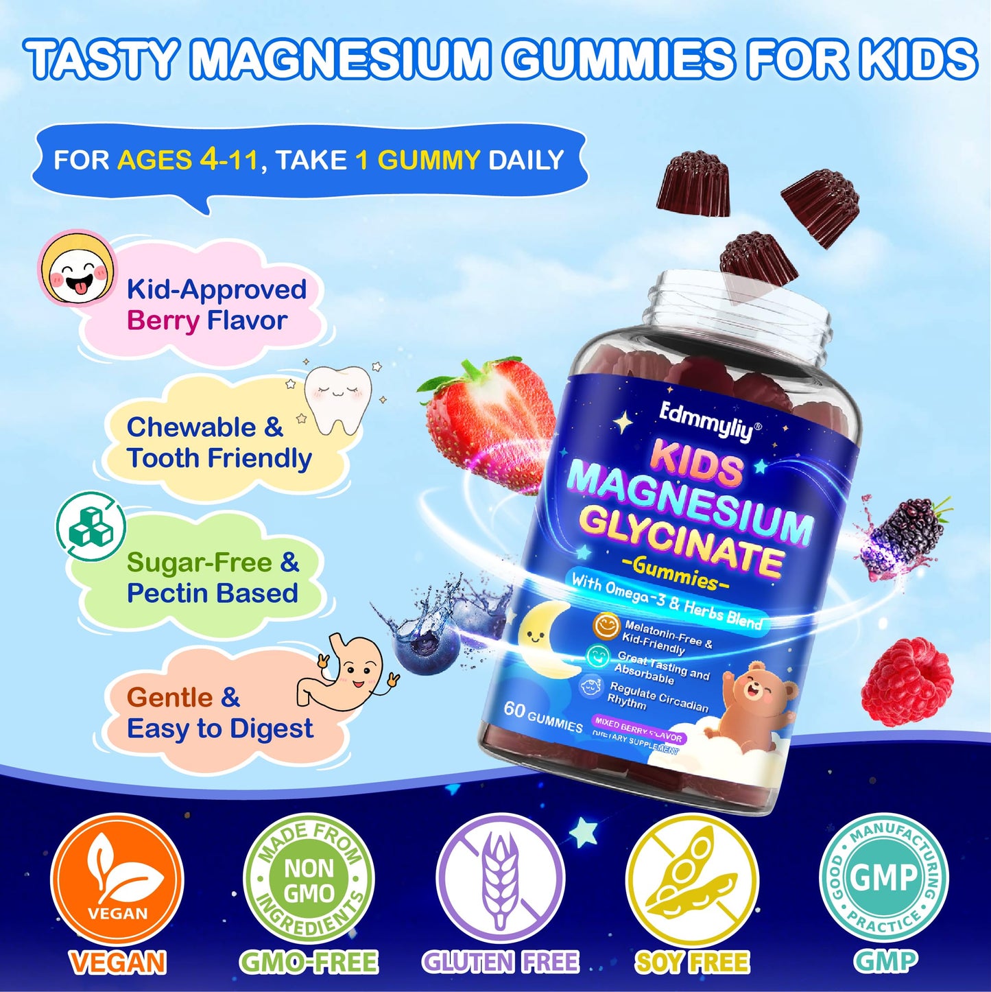Kids Magnesium Glycinate Gummies 200mg – Sugar Free, Non-GMO, Vegan, with Omega-3 & L-Theanine