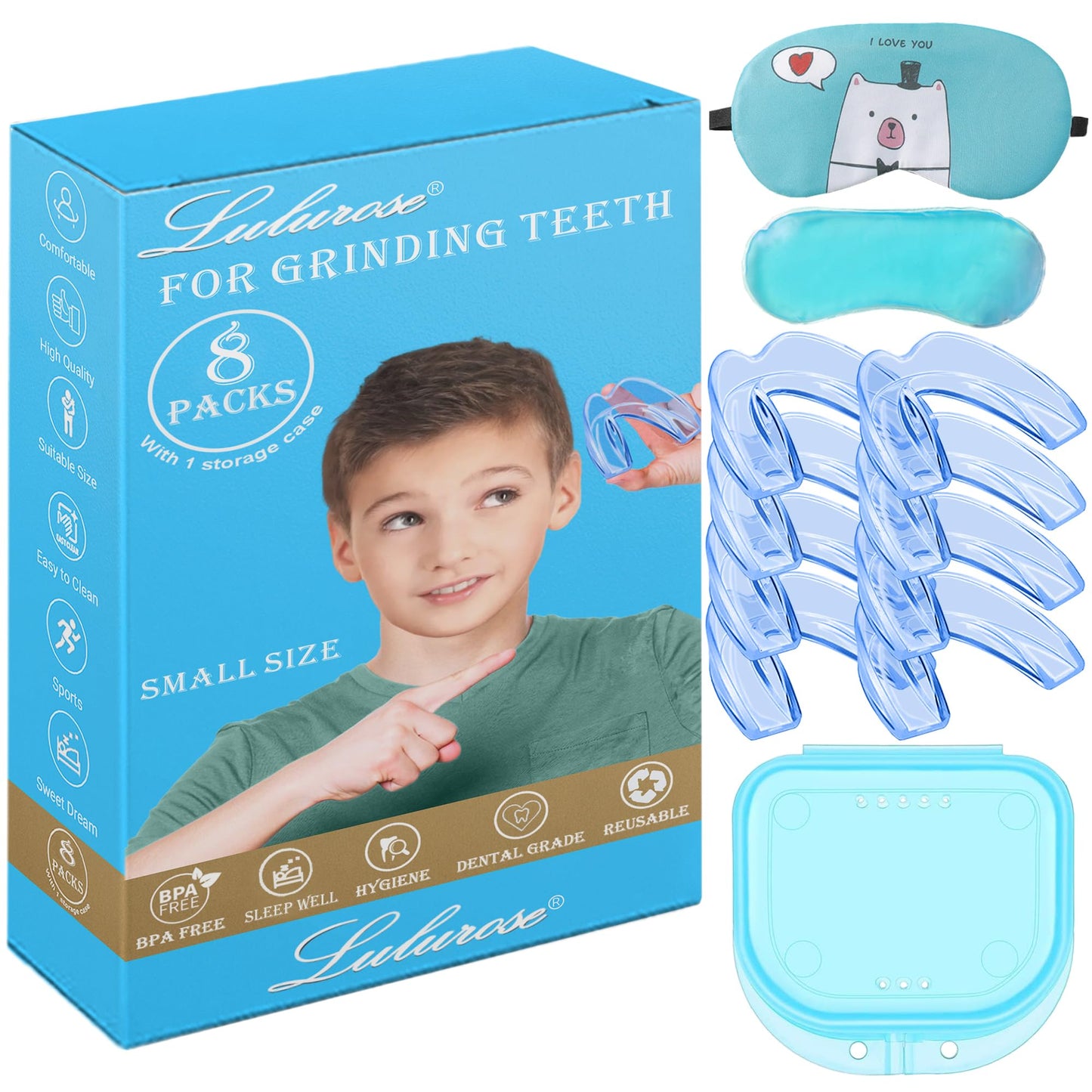 Kids Mouth Guard Blue for Grinding Teeth – 8 Pack Moldable Night Guards with Case & Gel Ice Pack
