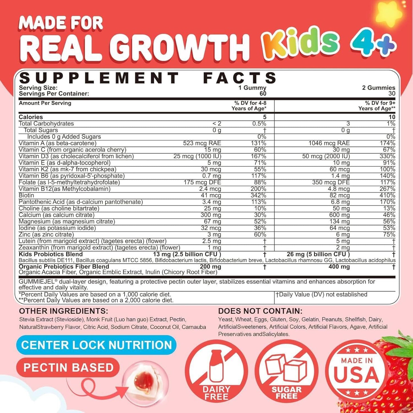 Kids Multivitamin Gummies with Calcium, Probiotics & D3 – 60 Ct