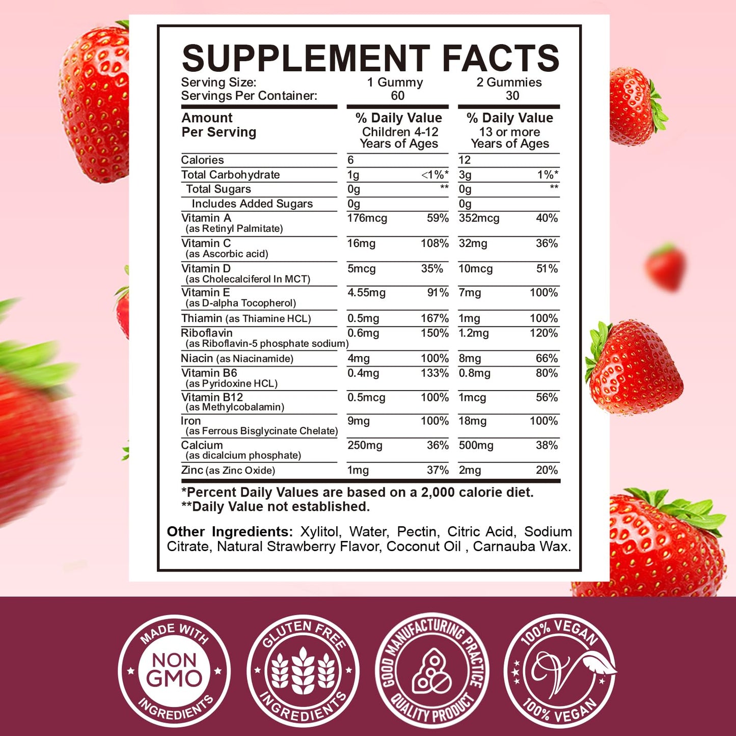 Iron Supplement Gummies for Kids – Calcium, Zinc & Multivitamin with Iron | Immune Support, Energy & Vegan, 60 Count