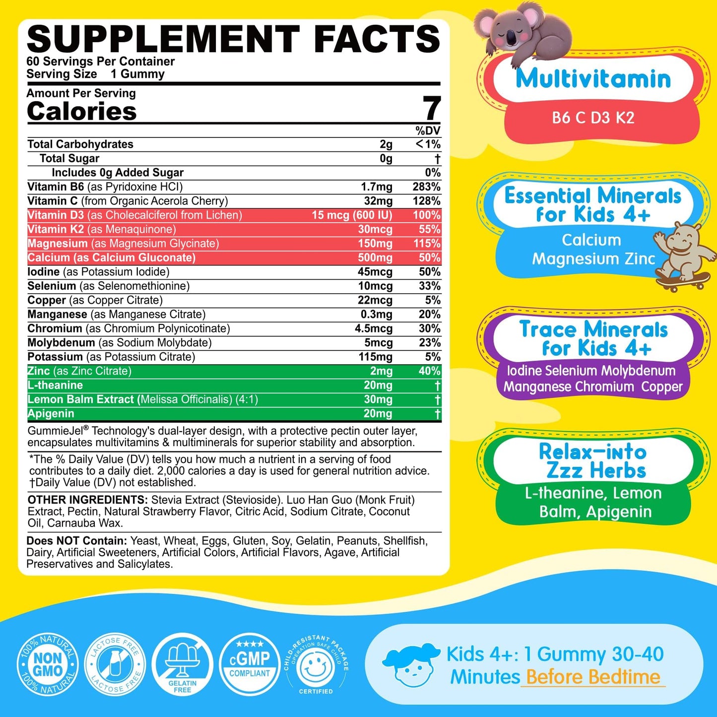 Kids Nighttime Multimineral Gummies – Magnesium, Calcium, Zinc + D3 K2 | No Melatonin