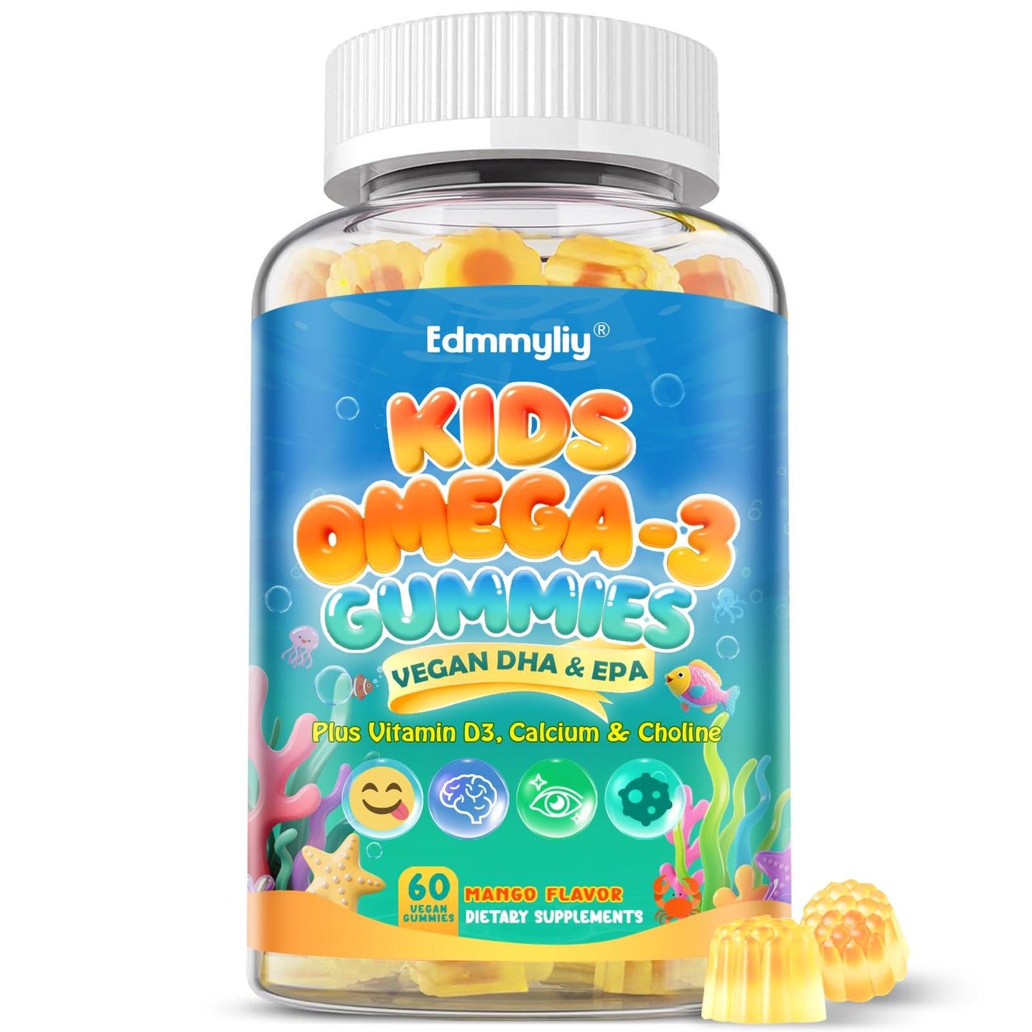 Kids Omega-3 Gummies - Algae DHA/EPA, D3, B12, Calcium, Zinc | Sugar-Free