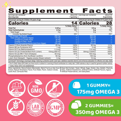 Kids Omega 3 Gummies 4+ | DHA, D3, K2, C, B6, Methyl B12 | Sugar Free | No Fish Taste | 60 Gummies