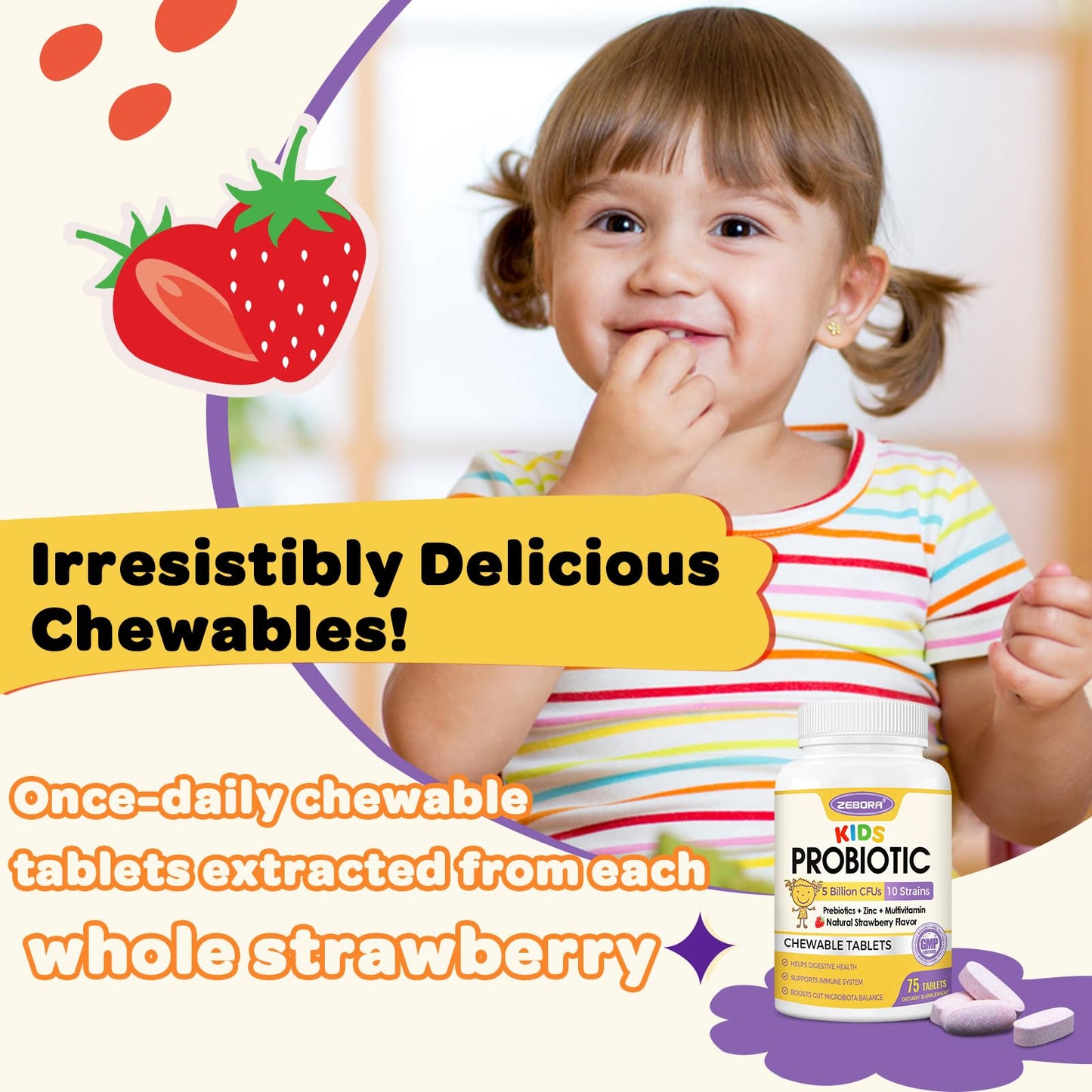 Kids Probiotic Chewables with 5 Billion CFUs | Immune Support & Digestive Health | 75 Servings per Bottle (Pack of 2)