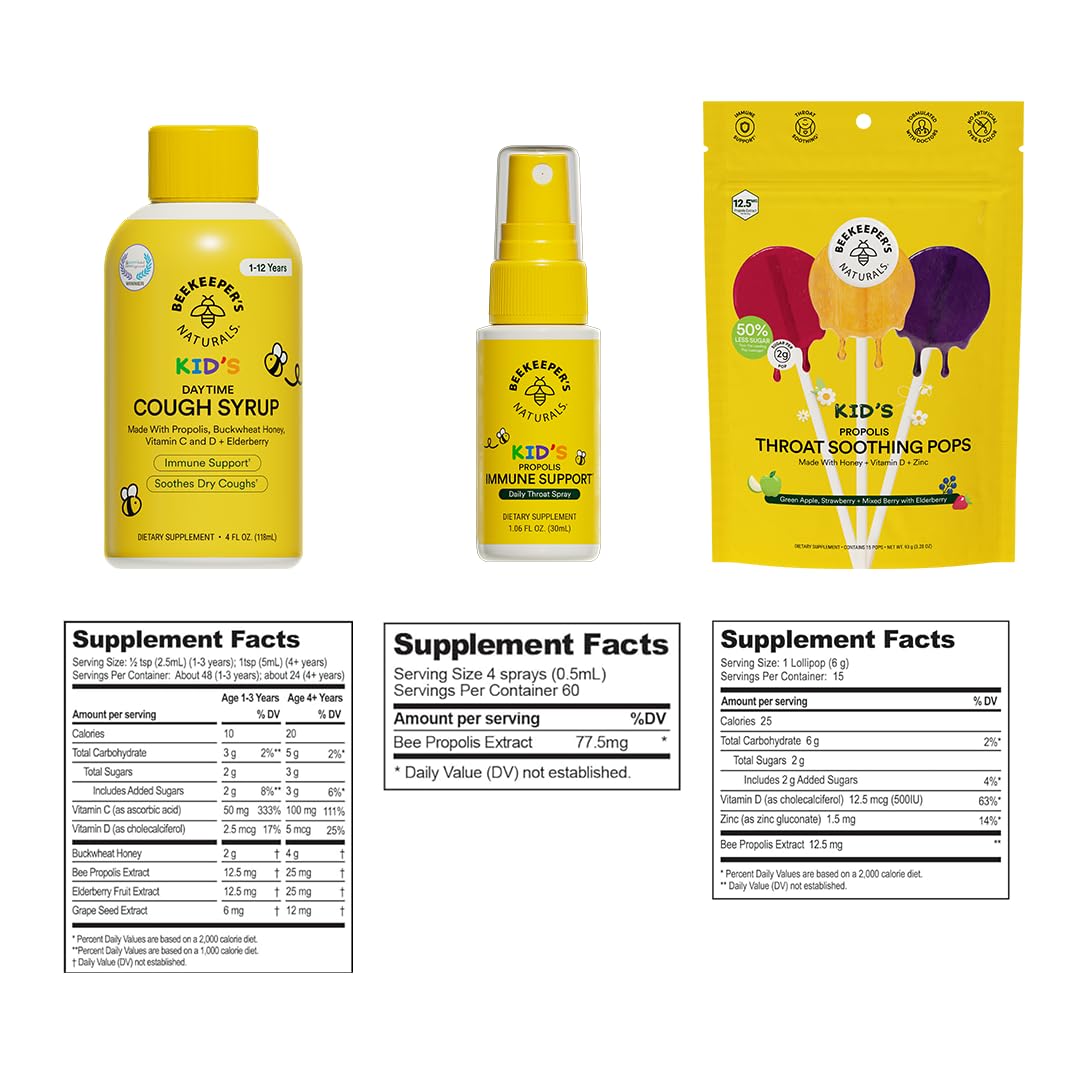 Beekeeper's Naturals Kid's Immune Support Essentials | Propolis Throat Spray, Honey Cough Syrup & Lollipops