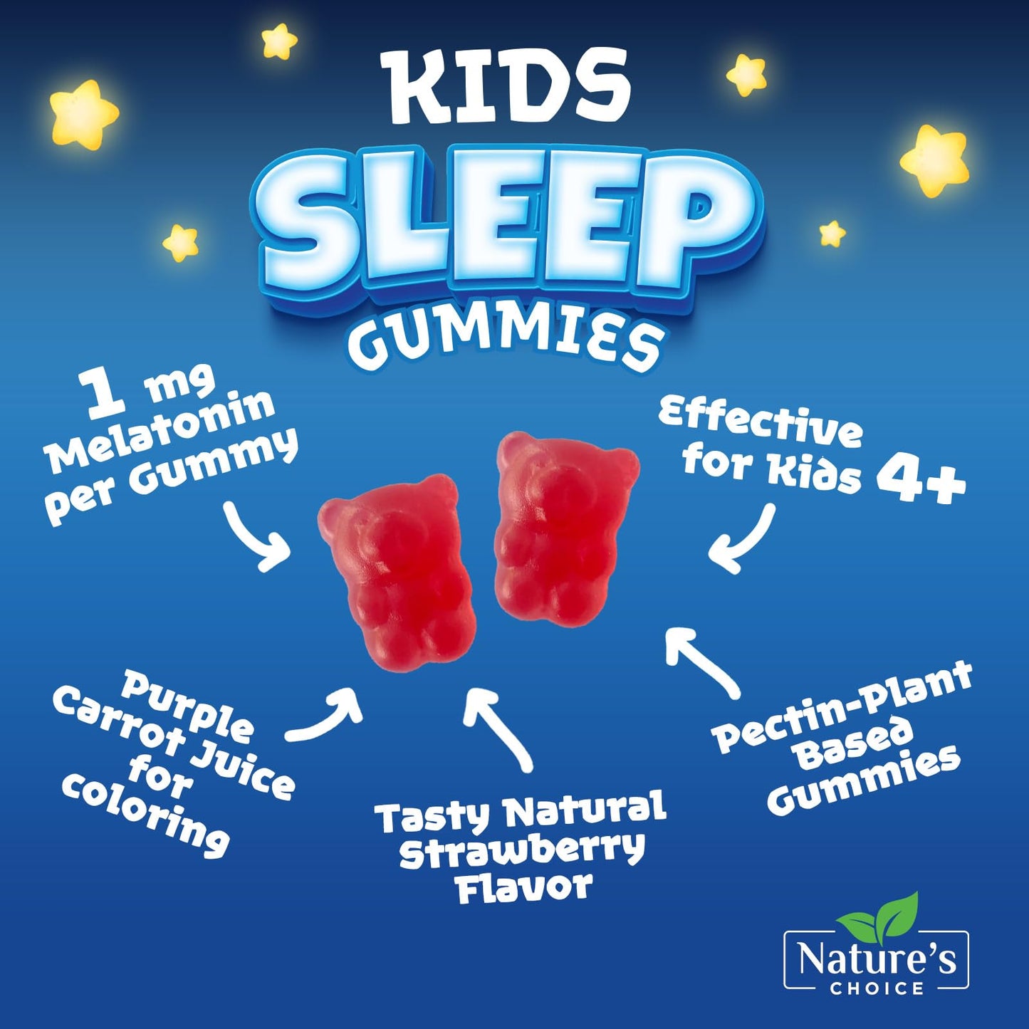 Kids Sleep Gummies 2mg for Children - Non-Habit Forming Melatonin, Natural Berry Flavor, 60 Gummies