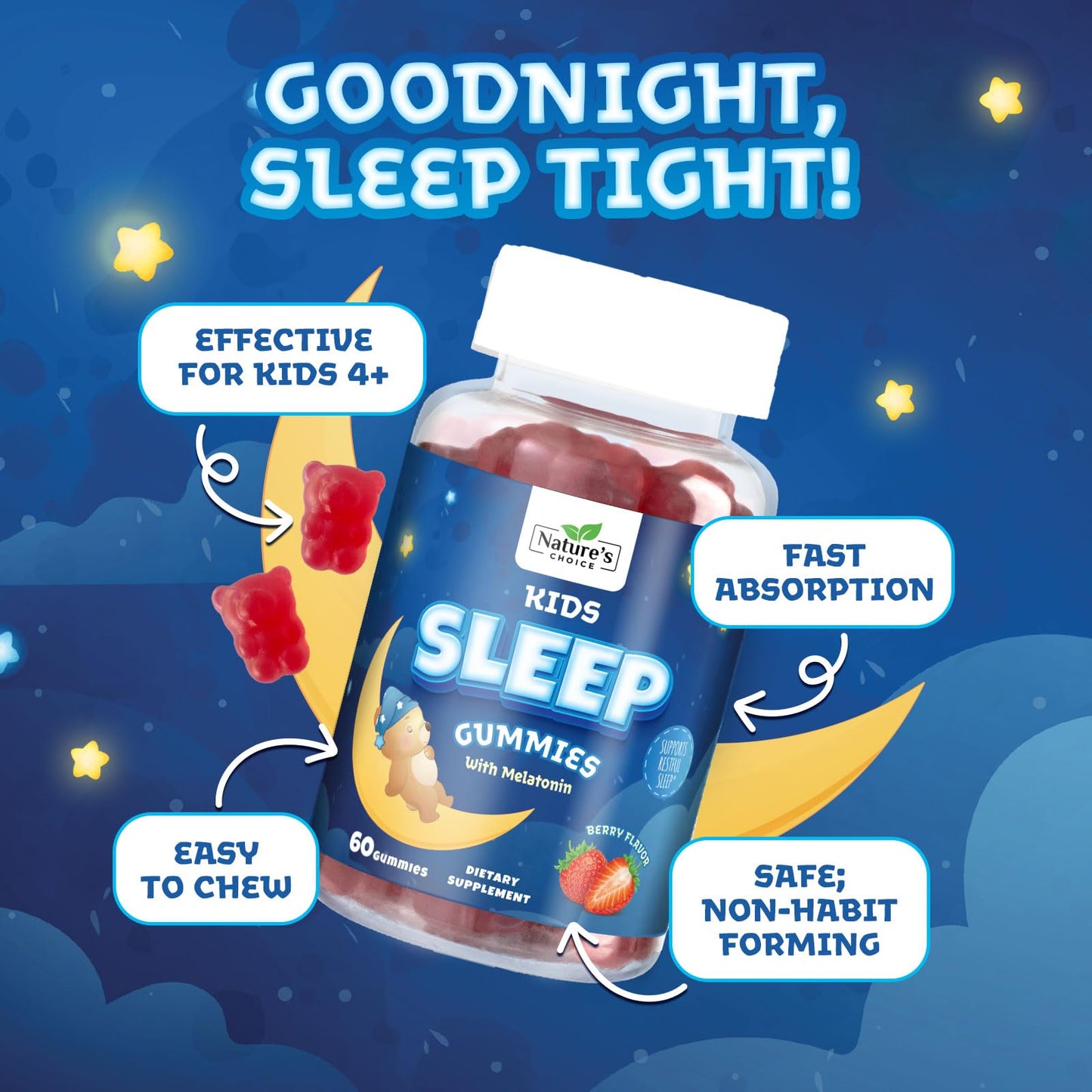 Kids Sleep Gummies 2mg for Children - Non-Habit Forming Melatonin, Natural Berry Flavor, 60 Gummies