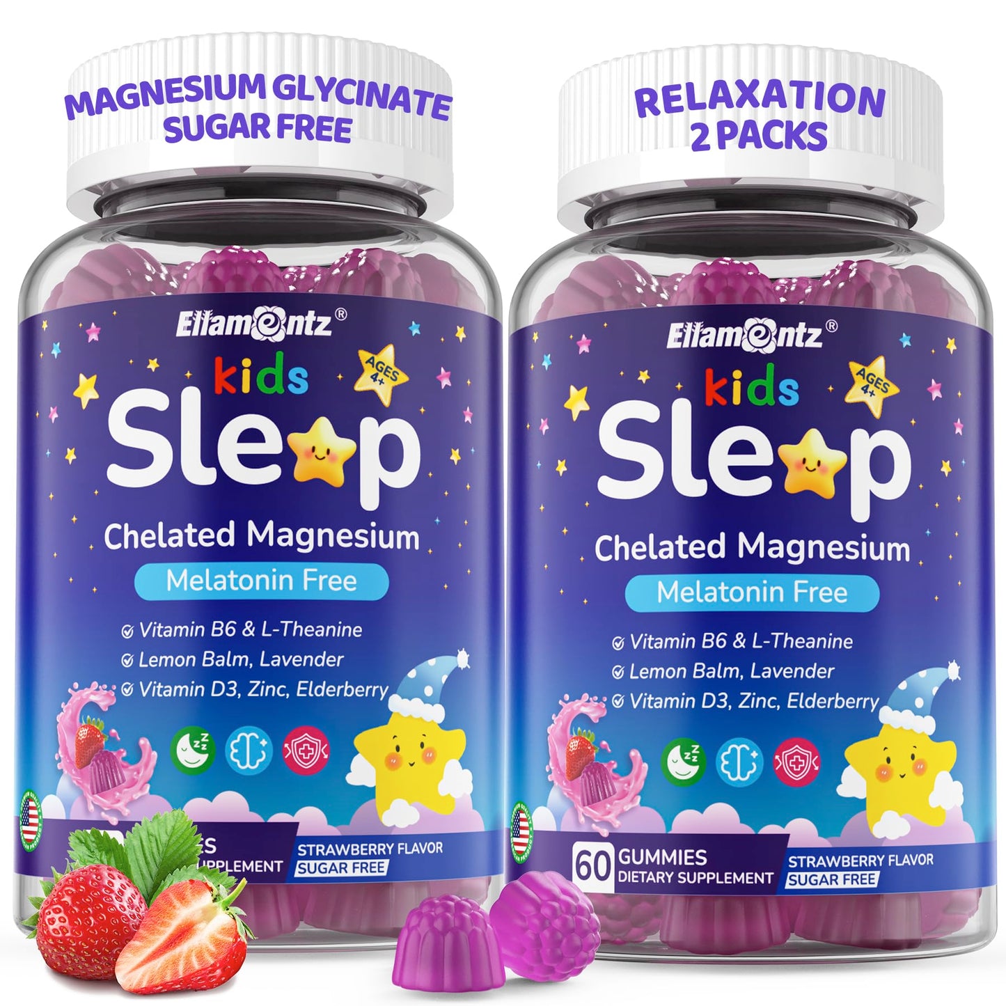 Kids Sleep Gummies - NO Melatonin Sleep Aid with Magnesium Glycinate, Magnesium Malate, L-Theanine, Lavender, B6, Zinc, D3K2 | 2-Pack