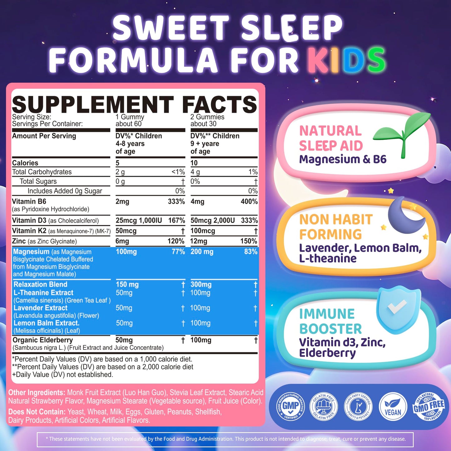 Kids Sleep Gummies - NO Melatonin Sleep Aid with Magnesium Glycinate, Magnesium Malate, L-Theanine, Lavender, B6, Zinc, D3K2 | 2-Pack