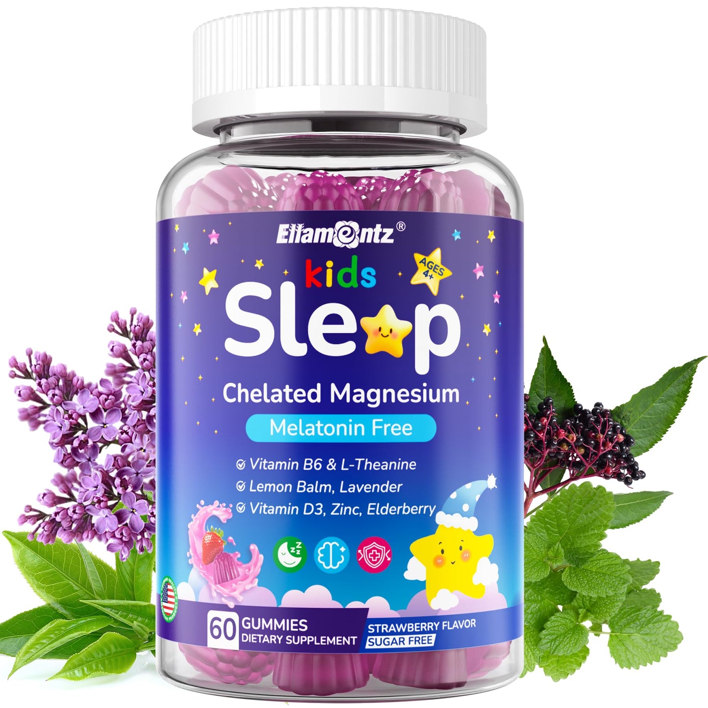 Kids Sleep Gummies - No Melatonin with Magnesium Glycinate, L-Theanine, Zinc & D3K2 | Immune Support