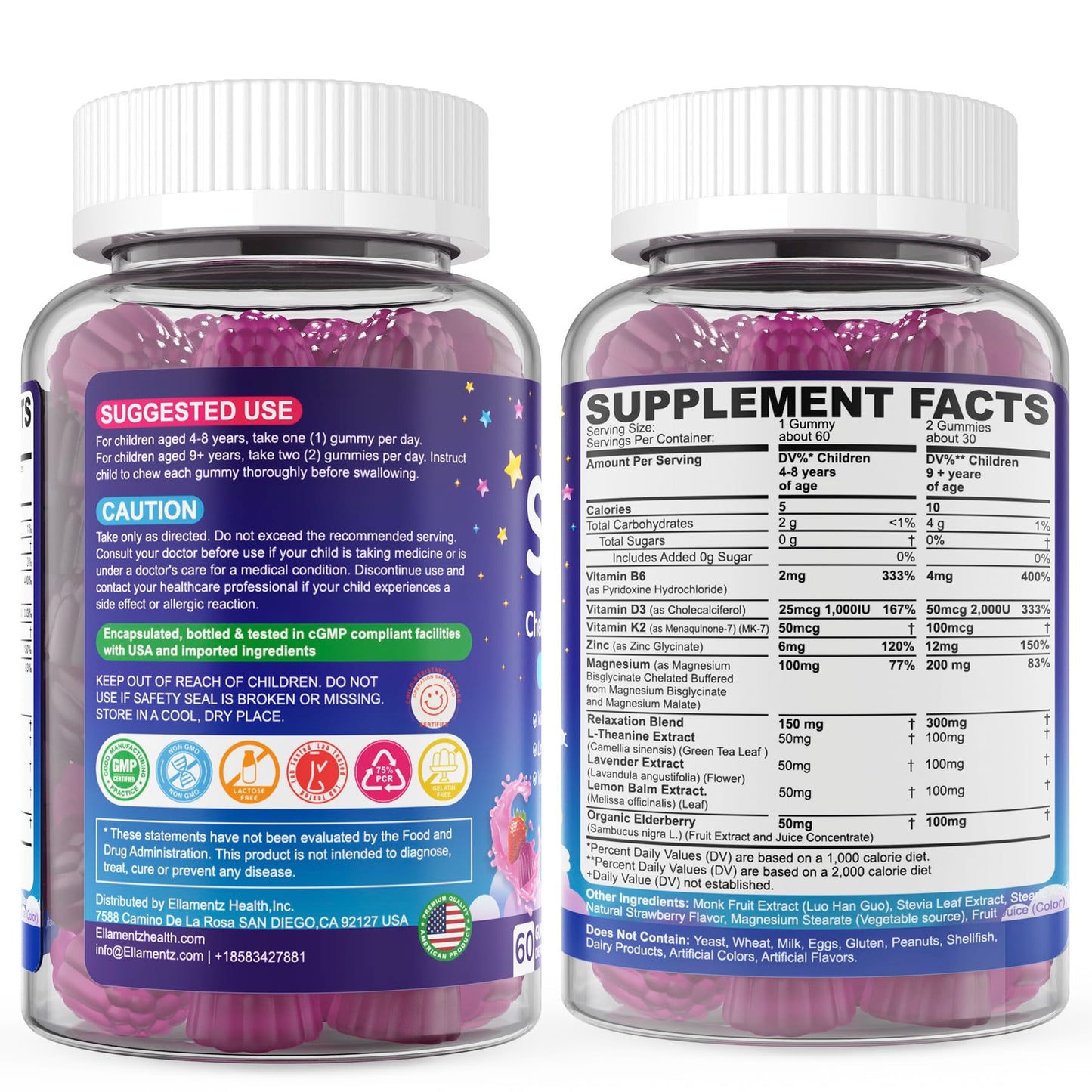 Kids Sleep Gummies - NO Melatonin Sleep Aid with Magnesium Glycinate, Magnesium Malate, L-Theanine, Lavender, B6, Zinc, D3K2 | 2-Pack