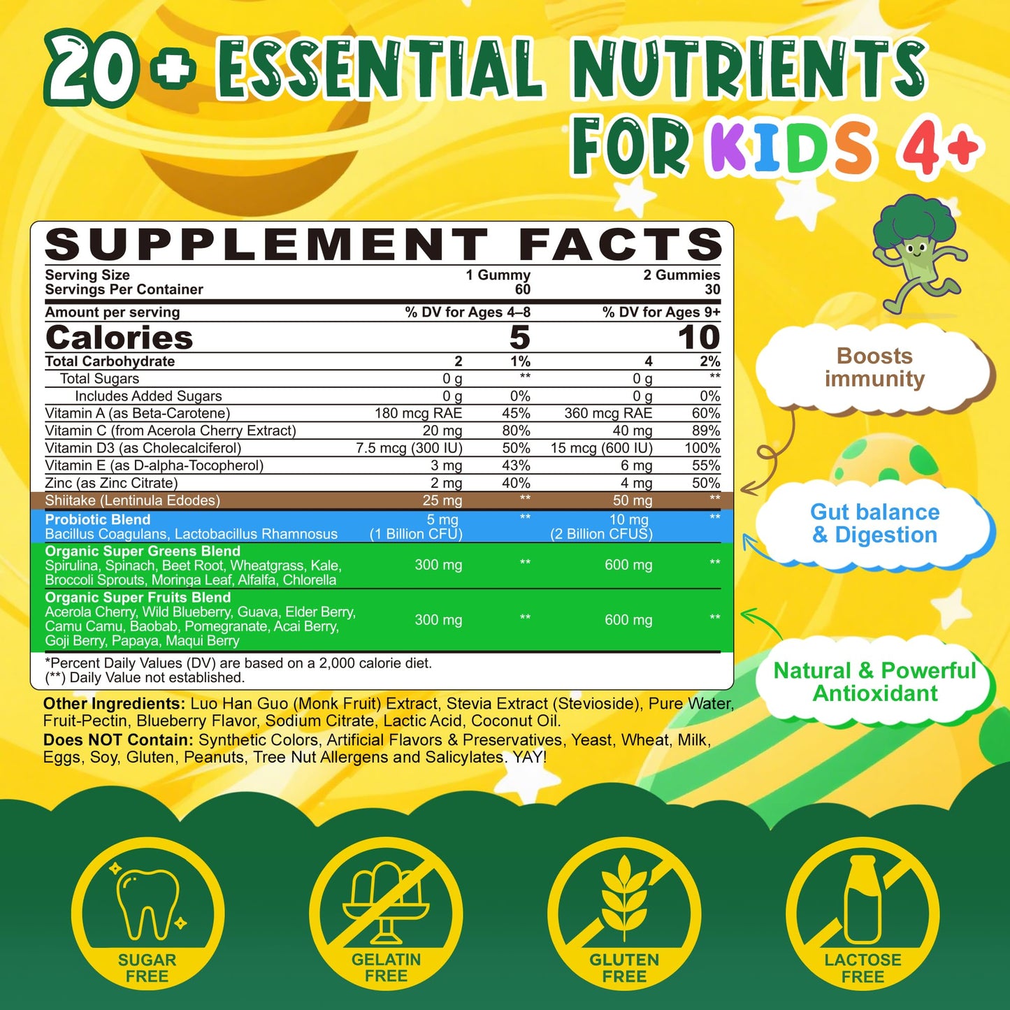 Kids Super Greens Gummies – 2 Pack, Immunity & Gut Health, 20+ Fruits & Veggies, Sugar Free