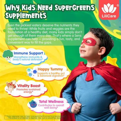 Kids Super Greens Gummies – 2 Pack, Immunity & Gut Health, 20+ Fruits & Veggies, Sugar Free