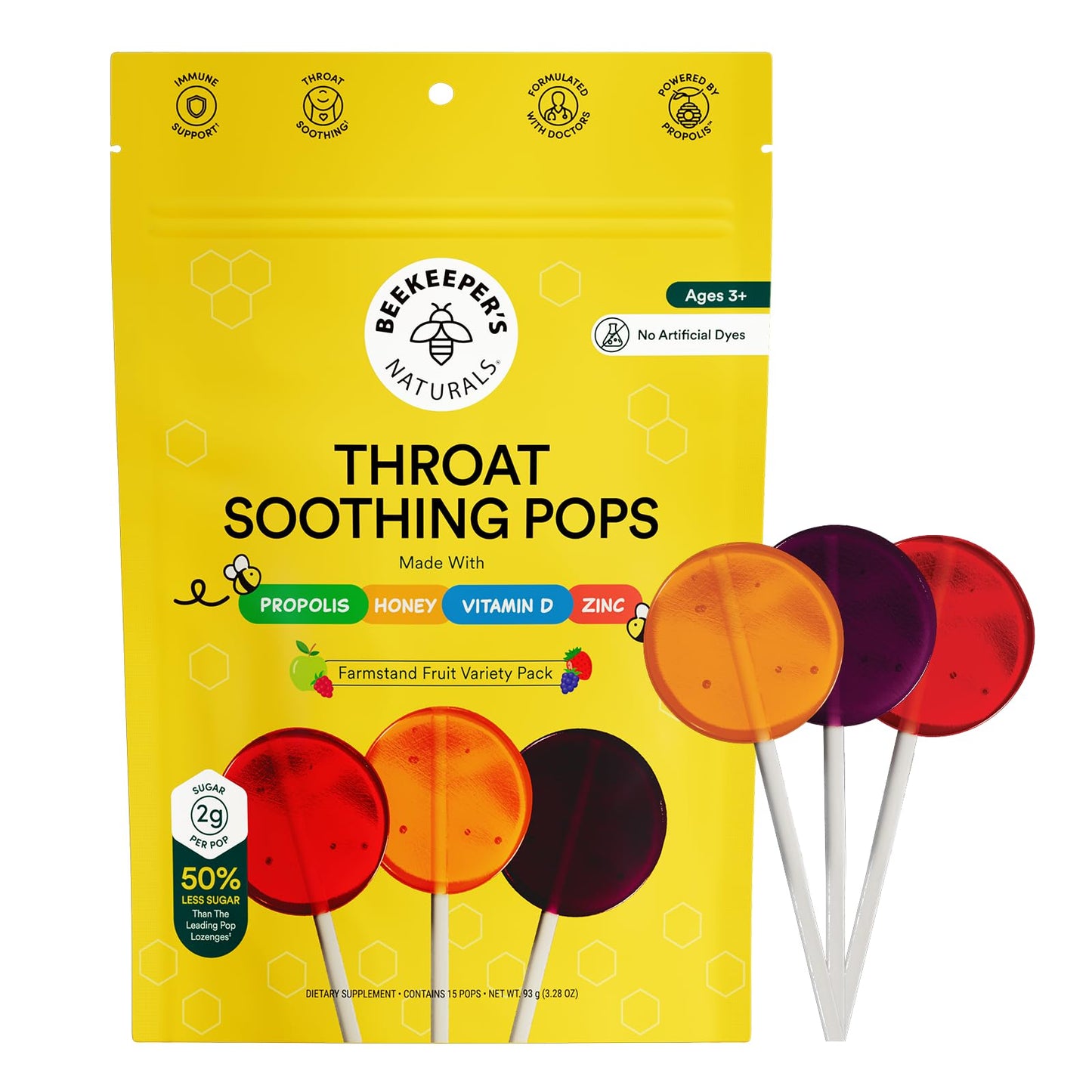 Kids Throat Soothing Lollipops by Beekeeper's Naturals — Doctor Formulated Immune Support, Vitamin D & Honey, 15 ct