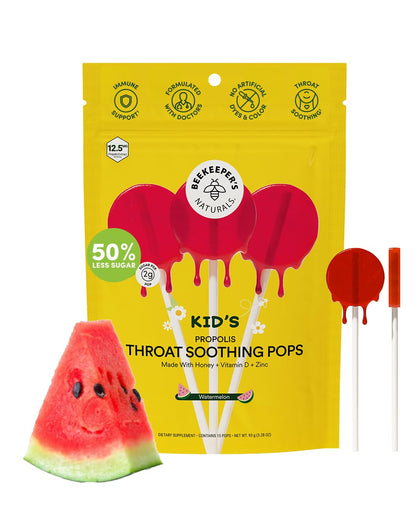 Kids Throat-Soothing Watermelon Lollipops by Beekeeper's Naturals – Doctor Formulated, 15 ct