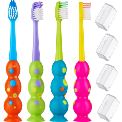 Kids Toothbrush 4 Pack - Soft Bristles with Suction Cup & Child-Sized Heads (3-10 Years)