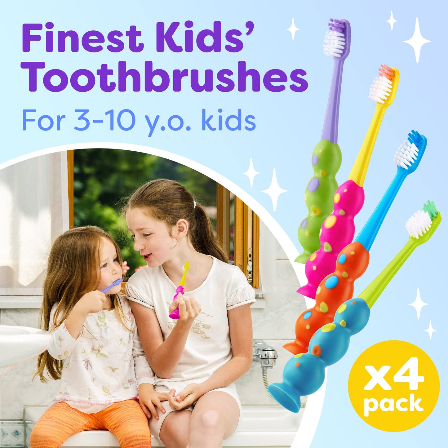 Kids Toothbrush 4 Pack - Soft Bristles with Suction Cup & Child-Sized Heads (3-10 Years)
