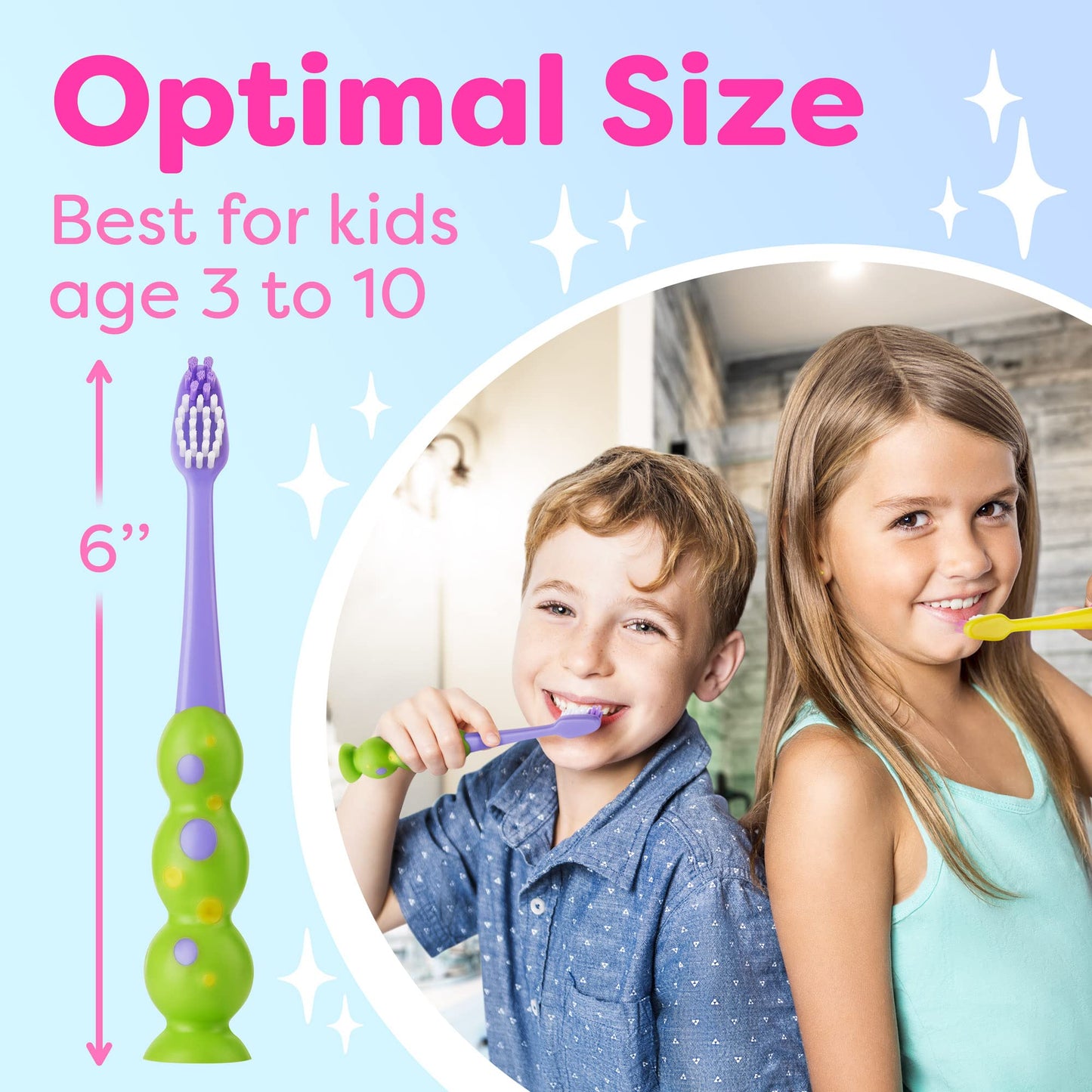 Kids Toothbrush 4 Pack - Soft Bristles with Suction Cup & Child-Sized Heads (3-10 Years)
