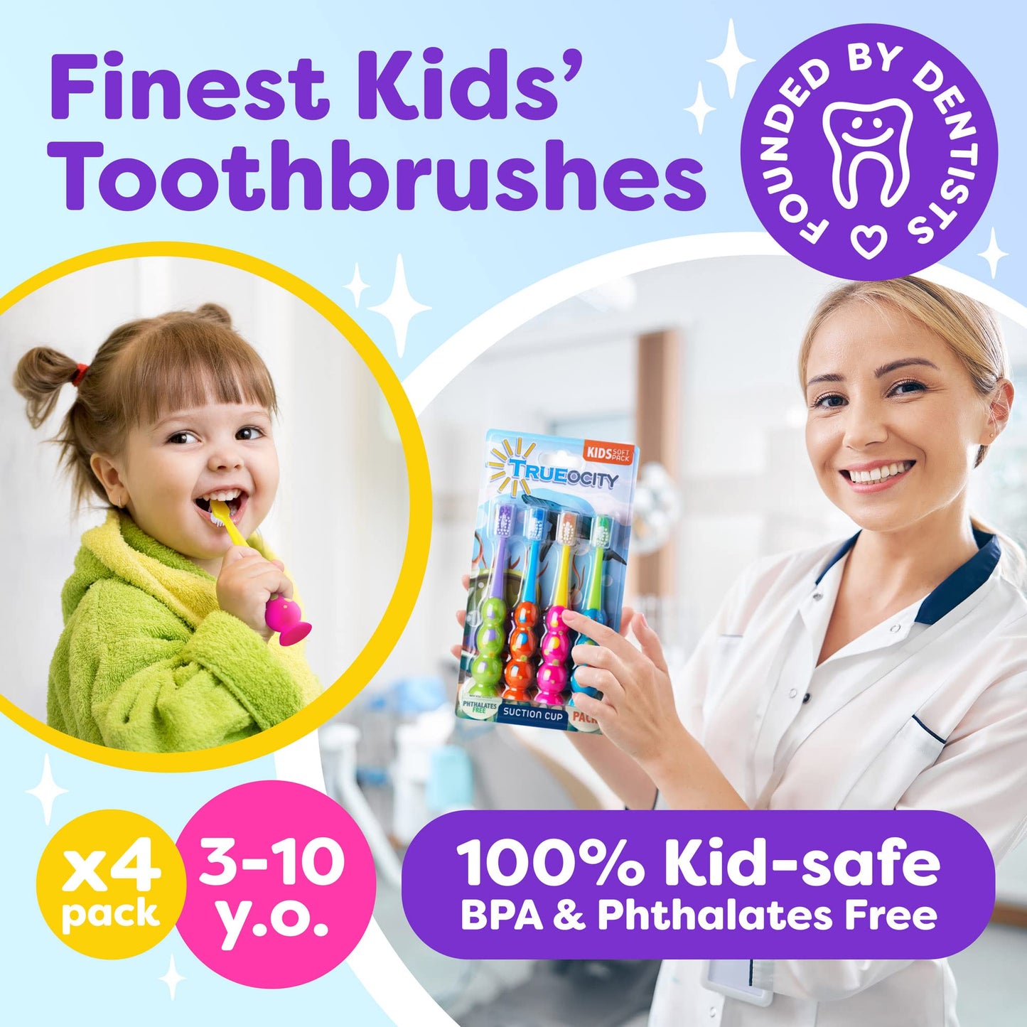 Kids Toothbrush 4 Pack - Soft Bristles with Suction Cup & Child-Sized Heads (3-10 Years)