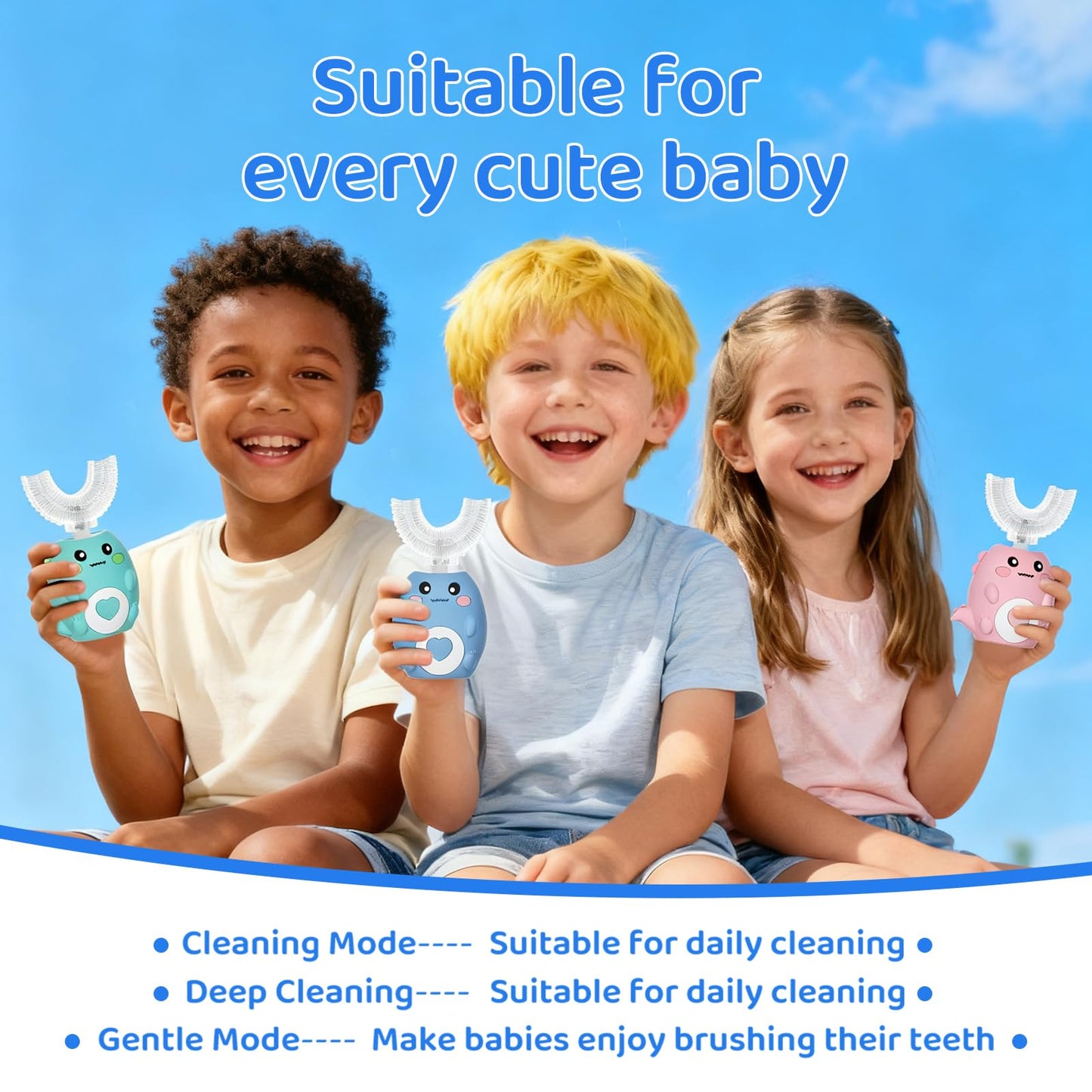 Kids U-Shaped Electric Toothbrush with 3 Modes, 4 Brush Heads, 360° Sonic Cleaning, IPX7 Waterproof (Ages 2-12)