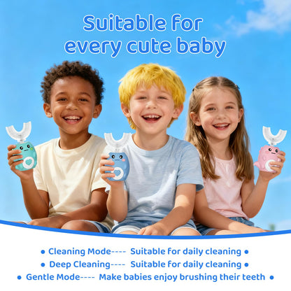 Kids U-Shaped Electric Toothbrush with 3 Modes, 4 Brush Heads, 360° Sonic Cleaning, IPX7 Waterproof (Ages 2-12)