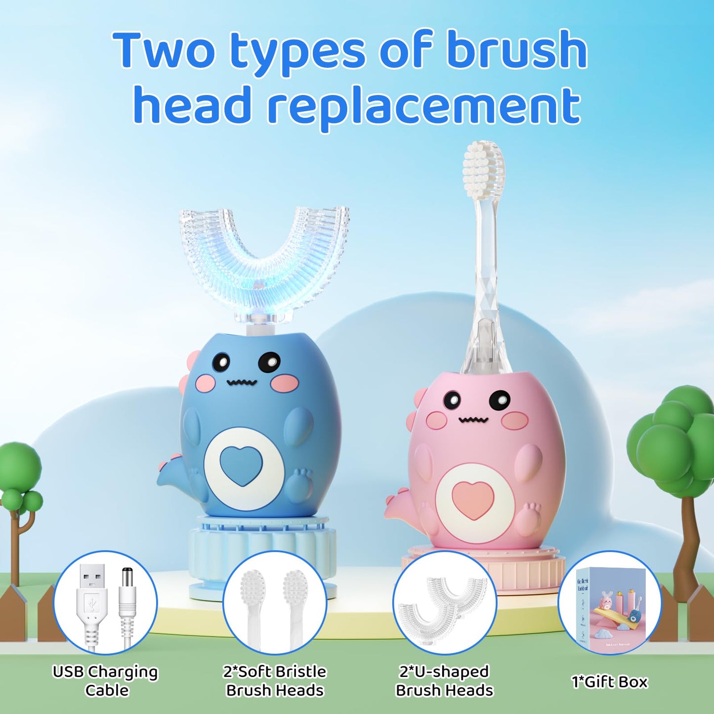 Kids U-Shaped Electric Toothbrush with 3 Modes, 4 Brush Heads, 360° Sonic Cleaning, IPX7 Waterproof (Ages 2-12)