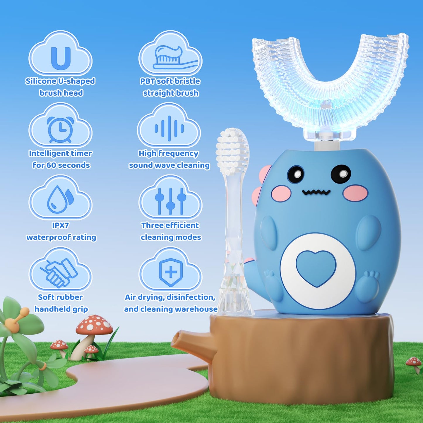 Kids U-Shaped Electric Toothbrush with 3 Modes, 4 Brush Heads, 360° Sonic Cleaning, IPX7 Waterproof (Ages 2-12)