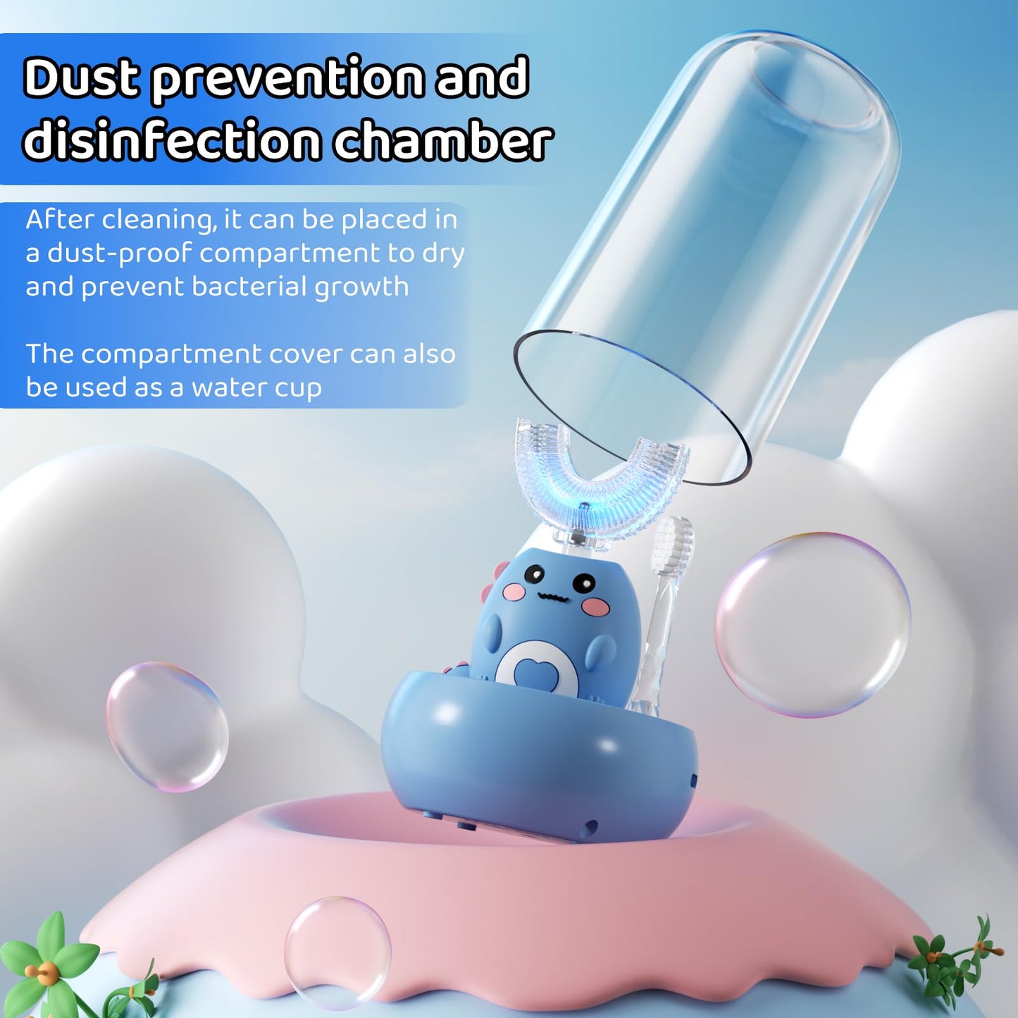 Kids U-Shaped Electric Toothbrush with 3 Modes, 4 Brush Heads, 360° Sonic Cleaning, IPX7 Waterproof (Ages 2-12)
