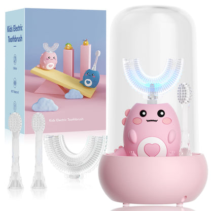 Kids U-Shaped Electric Toothbrush with 3 Modes, 4 Brush Heads, 360° Sonic Cleaning, IPX7 Waterproof (Ages 2-12)