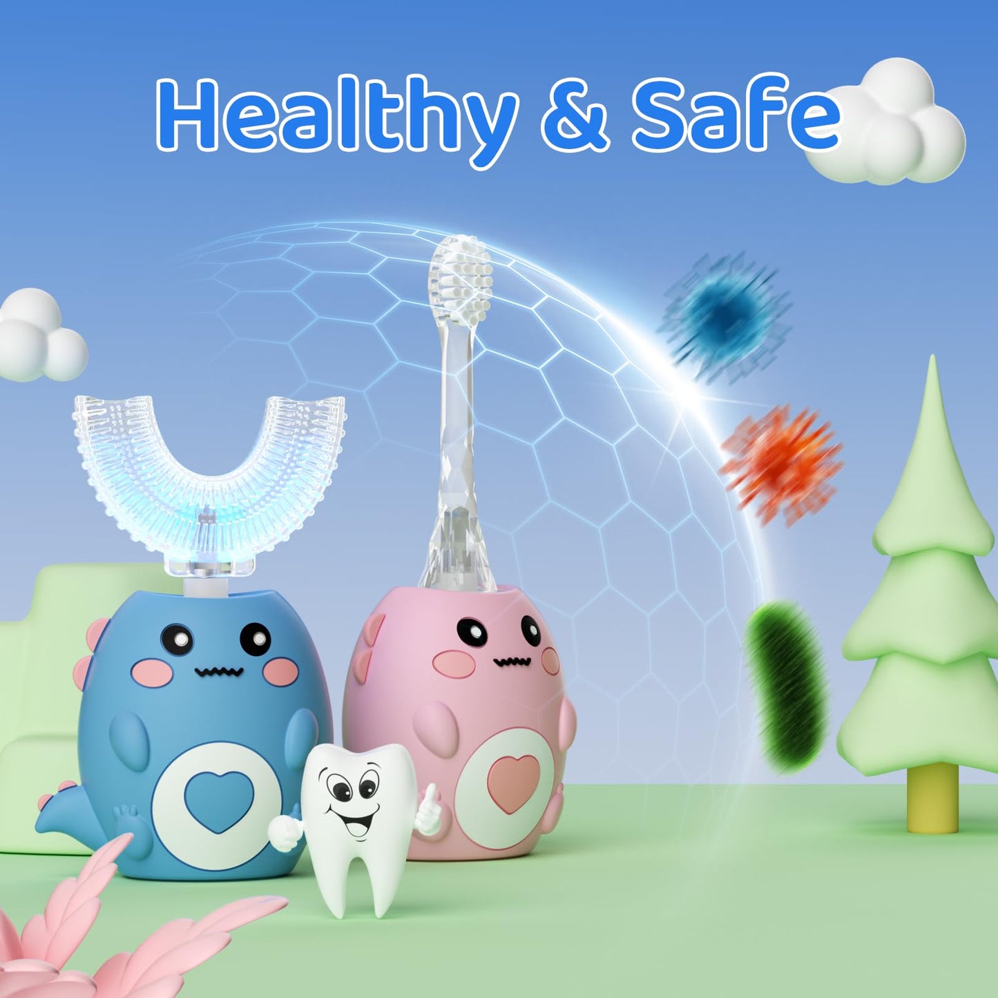 Kids U-Shaped Electric Toothbrush with 3 Modes, 4 Brush Heads, 360° Sonic Cleaning, IPX7 Waterproof (Ages 2-12)