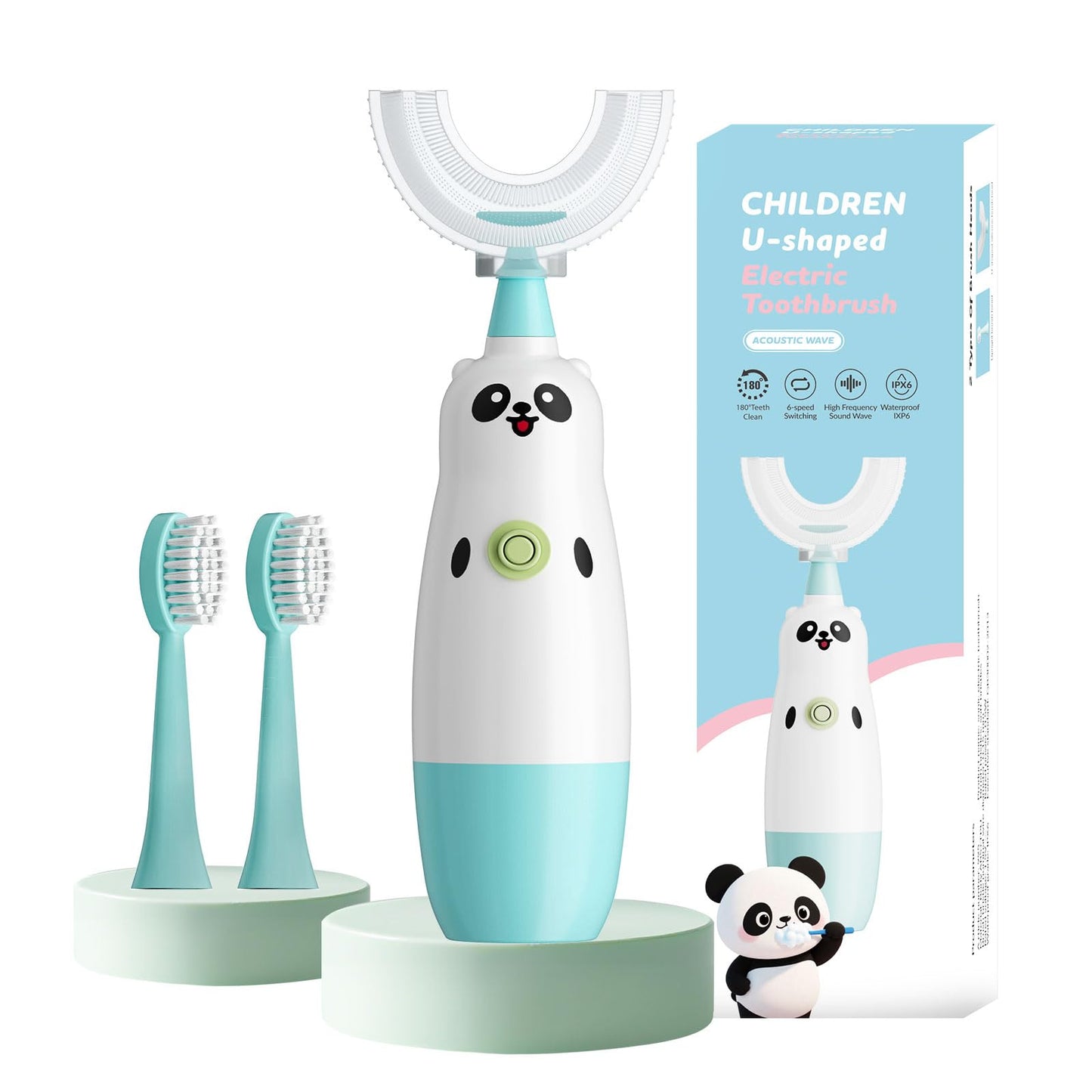 Kids U-Shaped Electric Toothbrush – 2 Heads, 360° Cleaning (Blue) for Ages 8-13
