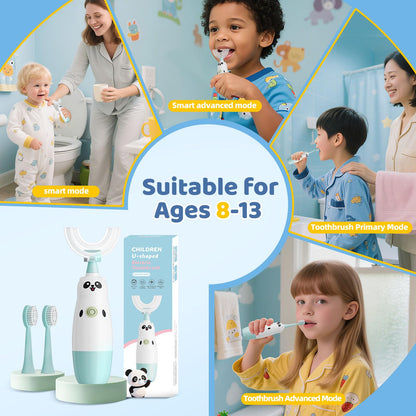 Kids U-Shaped Electric Toothbrush – 2 Heads, 360° Cleaning (Blue) for Ages 8-13