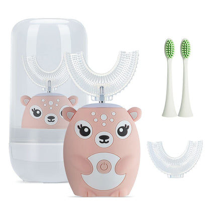 Kids U-Shaped Sonic Electric Toothbrush — Automatic, 6 Modes, 4 Heads, Cartoon Deer Design