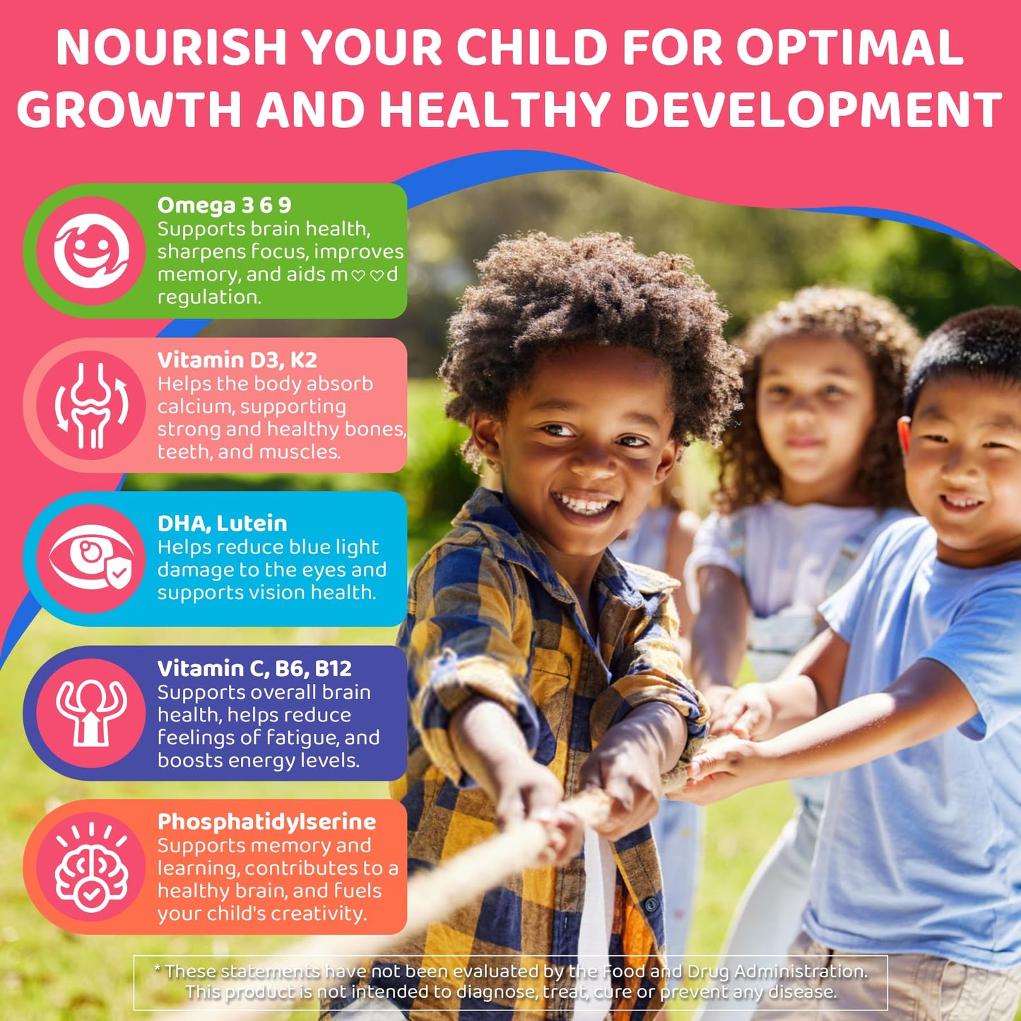 Kids Omega 3 Gummies 4+ | DHA, D3, K2, C, B6, Methyl B12 | Sugar Free | No Fish Taste | 60 Gummies