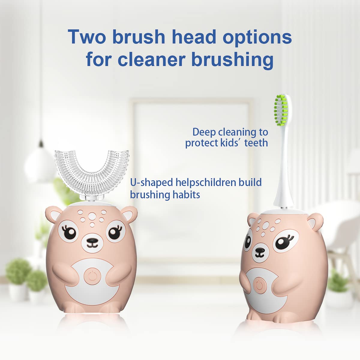 Kids U-Shaped Sonic Electric Toothbrush – 4 Heads, 6 Modes, Cartoon Deer Design