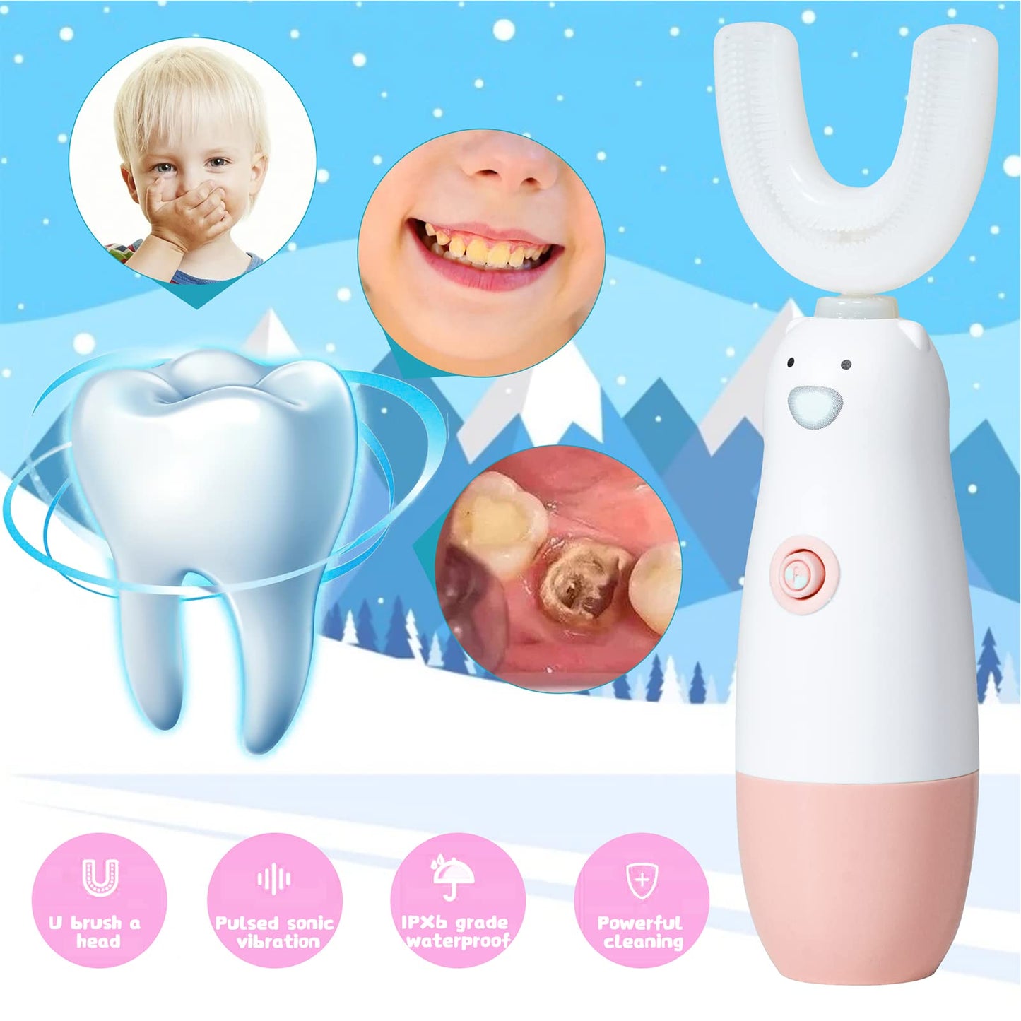 Kids U-Shaped Electric Toothbrush for Toddlers 2-7 (Pink) | 360 Sonic, Waterproof