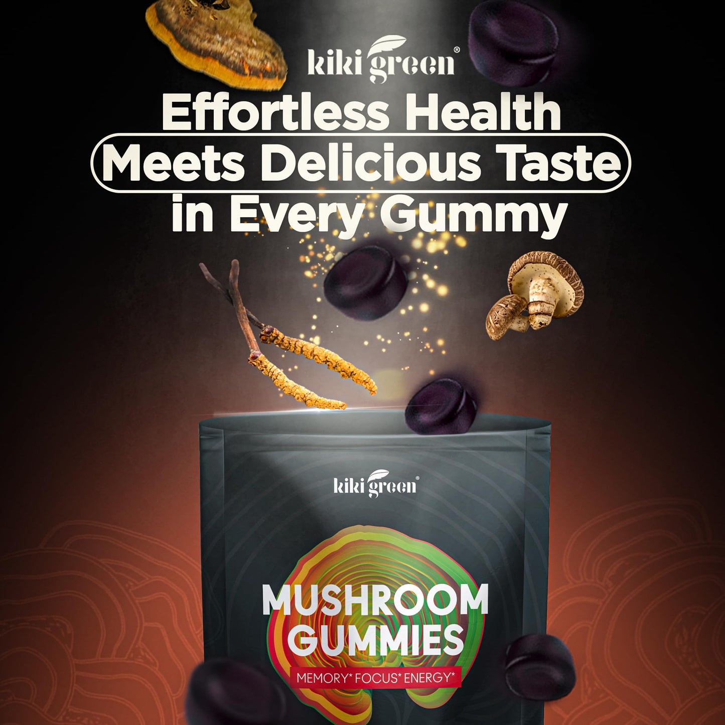 KIKI Green Mushroom Gummies with Lion's Mane & 9 Adaptogens Blend – 60 Count, 10:1 Extract