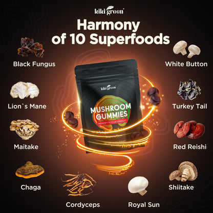KIKI Green Mushroom Gummies with Lion's Mane & 9 Adaptogens Blend – 60 Count, 10:1 Extract