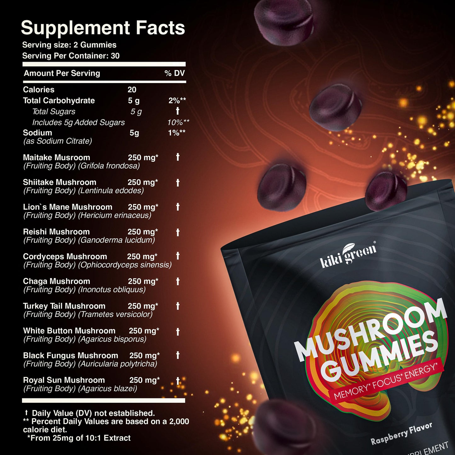 KIKI Green Mushroom Gummies with Lion's Mane & 9 Adaptogens Blend – 60 Count, 10:1 Extract