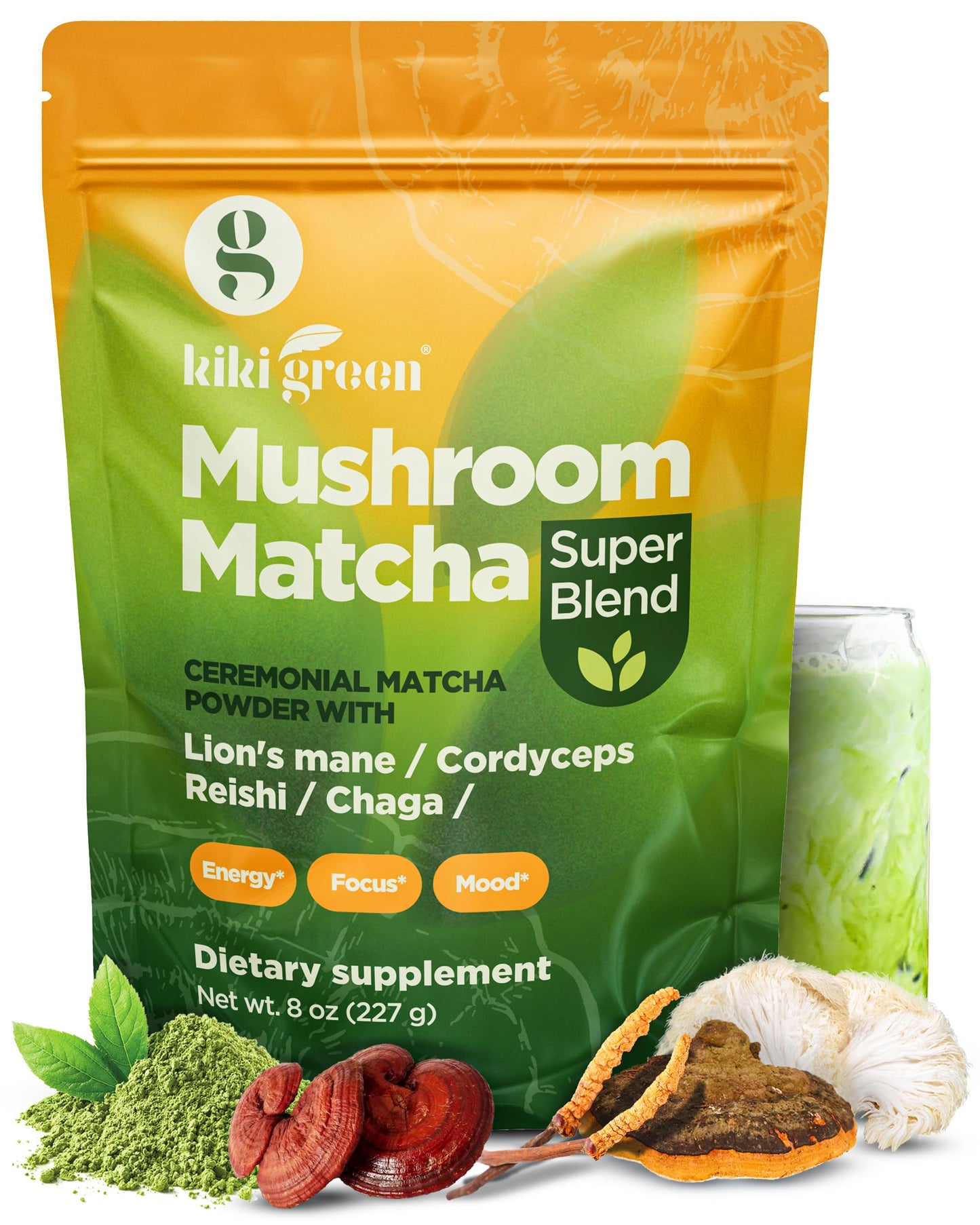 KIKI Green Mushroom Matcha Super Blend with Lion's Mane, Reishi & Cordyceps | 8 oz