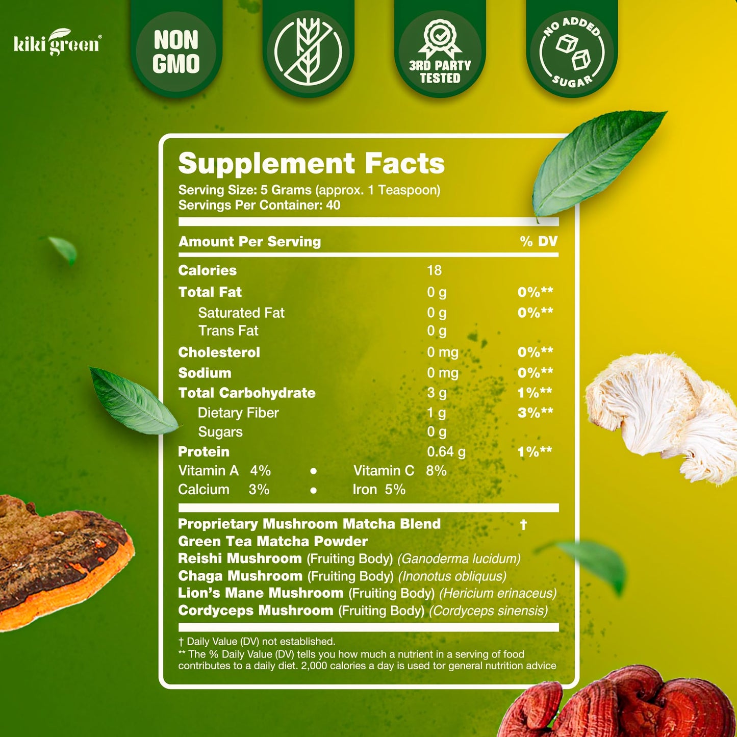 KIKI Green Mushroom Matcha Super Blend with Lion's Mane, Reishi & Cordyceps | 8 oz