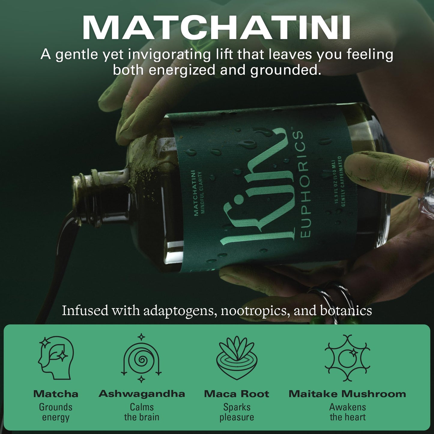 Kin Euphorics Matchatini | Non-Alcoholic Matcha Cocktail with Adaptogens, Nootropics, Botanicals | Vanilla, Maple & Tart Finish | 16.9 fl oz